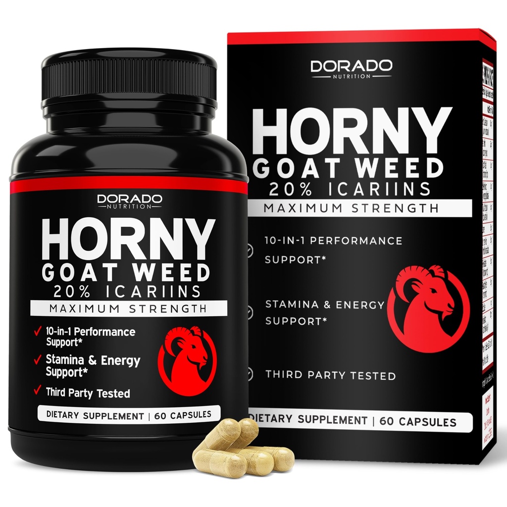 Horny Goat Weed For menn og kvinner - [20% Icariins Max styrke] - Stam, utholdenhet, sirkulasjon, felles og rygg støtte - Maca Root, Ginseng, Yohimbine, Tribulus, L-Arginine - USA laget - 60 Count