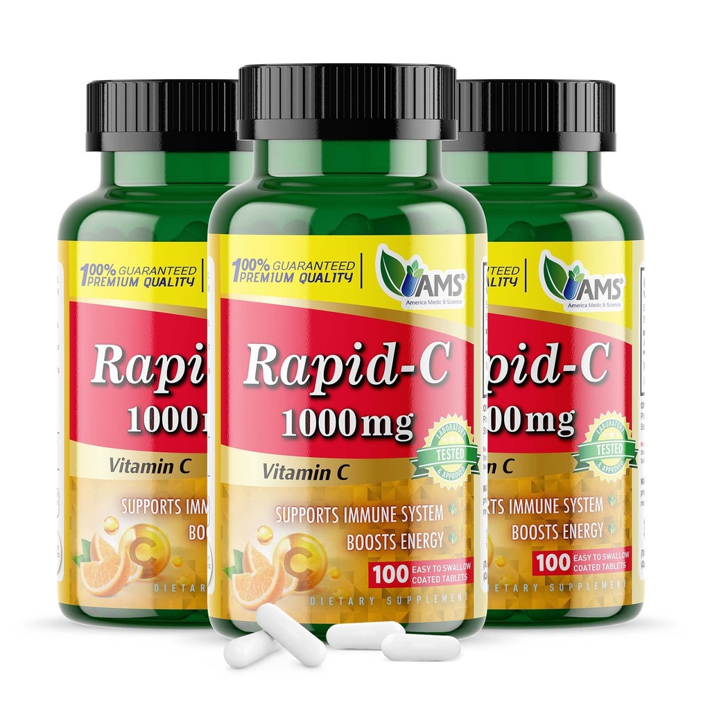 Amerika Medisin & Science Rapid-C 1000mg vitamin C Supplement (3 Pakke med 100 tabletter) Energi Booster, daglig immunsystem støtte, antioksidant, ikke-GMO coated ascorbinsyre for voksne menn og kvinner
