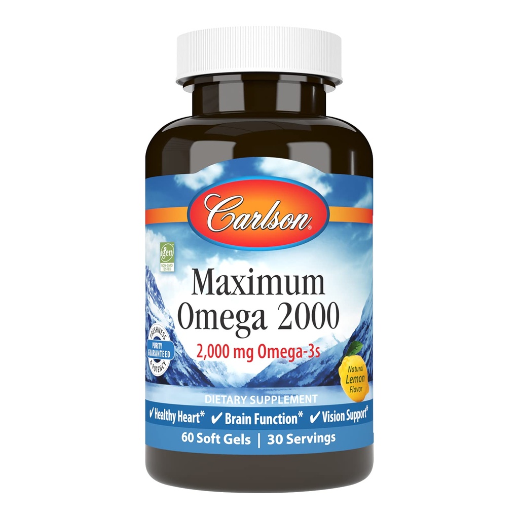 Carlson - Maksimal Omega 2000, 2000 mg Omega-3 fettsyrer inkludert EPA og DHA, Wild-Caught, Norsk Fish Oil Supplement, Sustainabilly Sourceed Fish Oil Capsules, sitron, 60 Softgels
