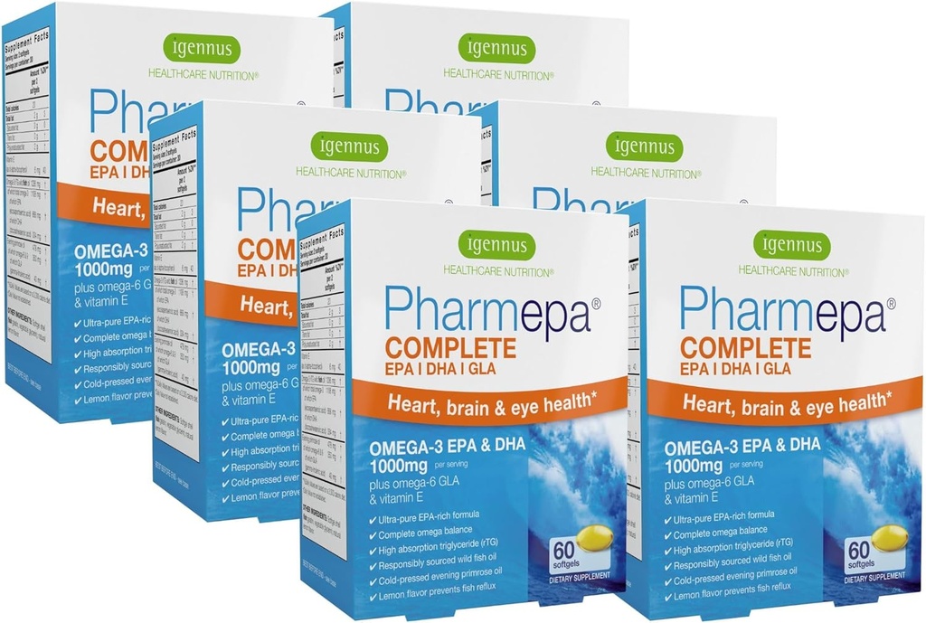 Igenus Pharmepa Komplett EPA 668mg & DHA 334mg Omega-3 Fatty Acids 1000mg, IFOS Certified, RTG Form, Høy styrke Fish Oil Plus Omega-6 & 9 fra GLA Aften Primrose Olje, Lemon Flavor, 360 Softgels