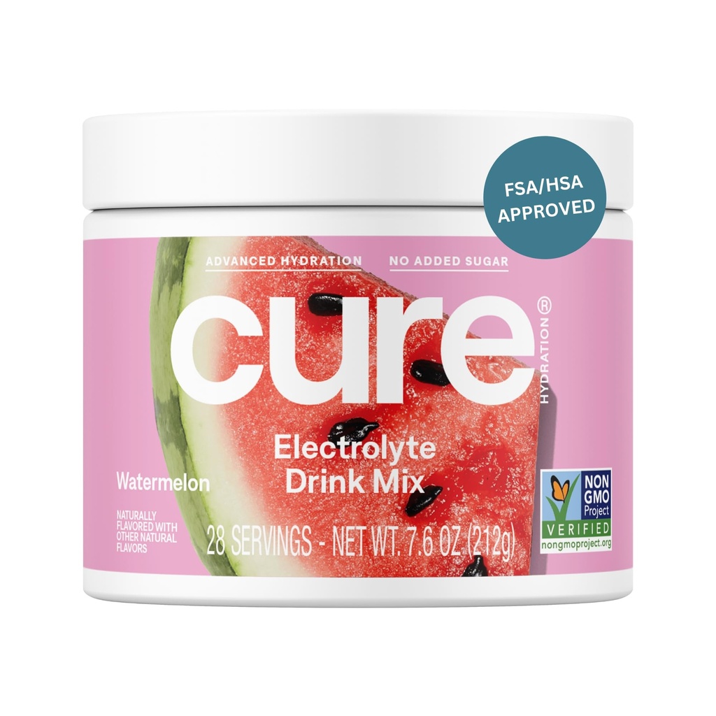 Cure Hydration | Plantbasert elektrolyt drikk blanding | Ingen tilsatt sukker | FSA-HSA | Dehydrering Relief pulver laget med kokosvann | Ikke-GMO | Vegansk | 28 Services Jar - Watermelon