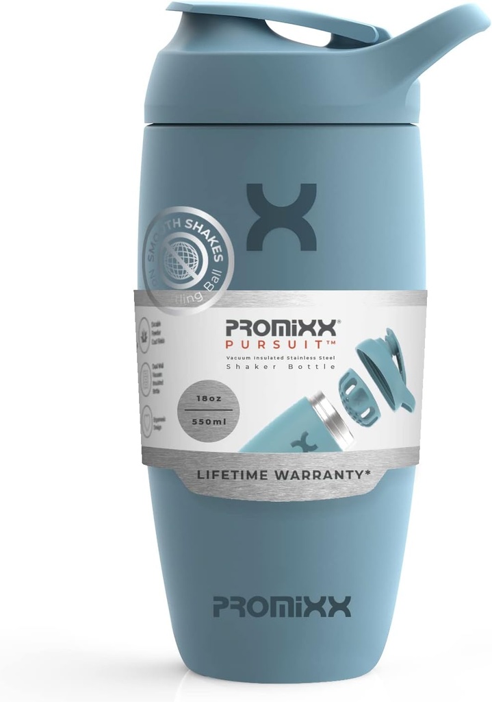 Promixx Pursuit Shaker flaske isolert rustfritt stål vannflaske og shaker Cup, 18oz, Ocean Calm Blå
