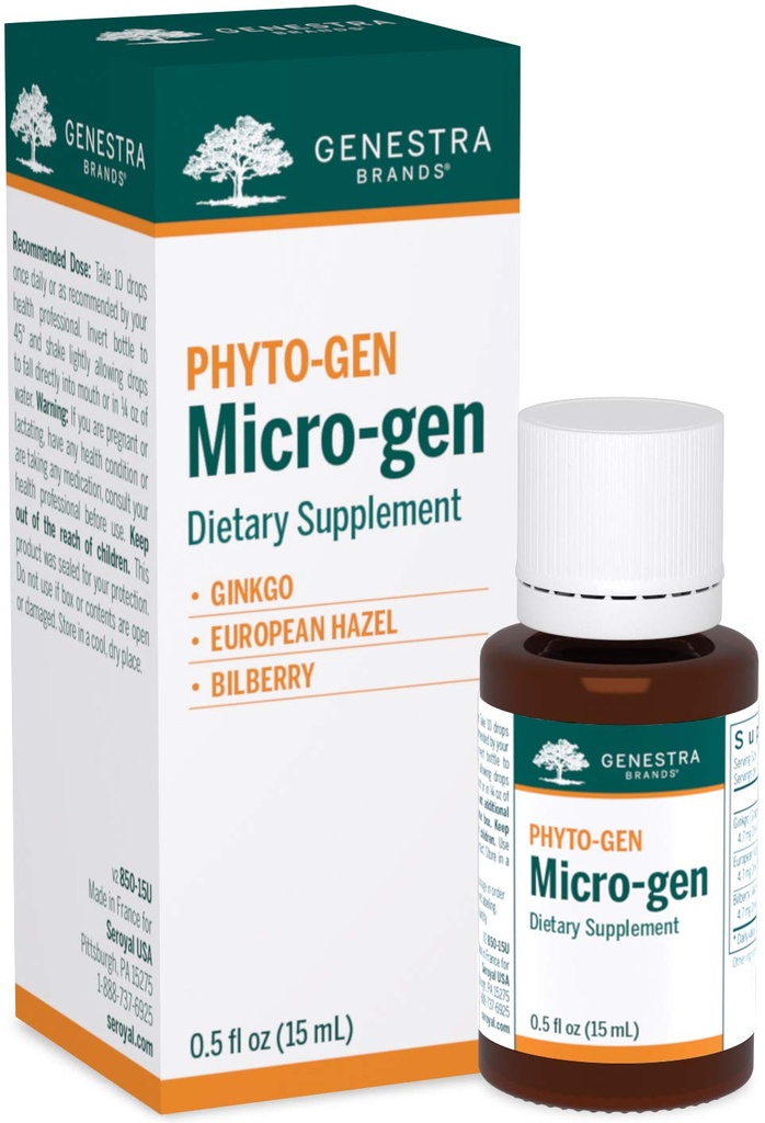 Genestra merkevarer Micro-gen | Gingko, European Hazel og Bilberry Herbal Supplement | 0,5 fl oz.