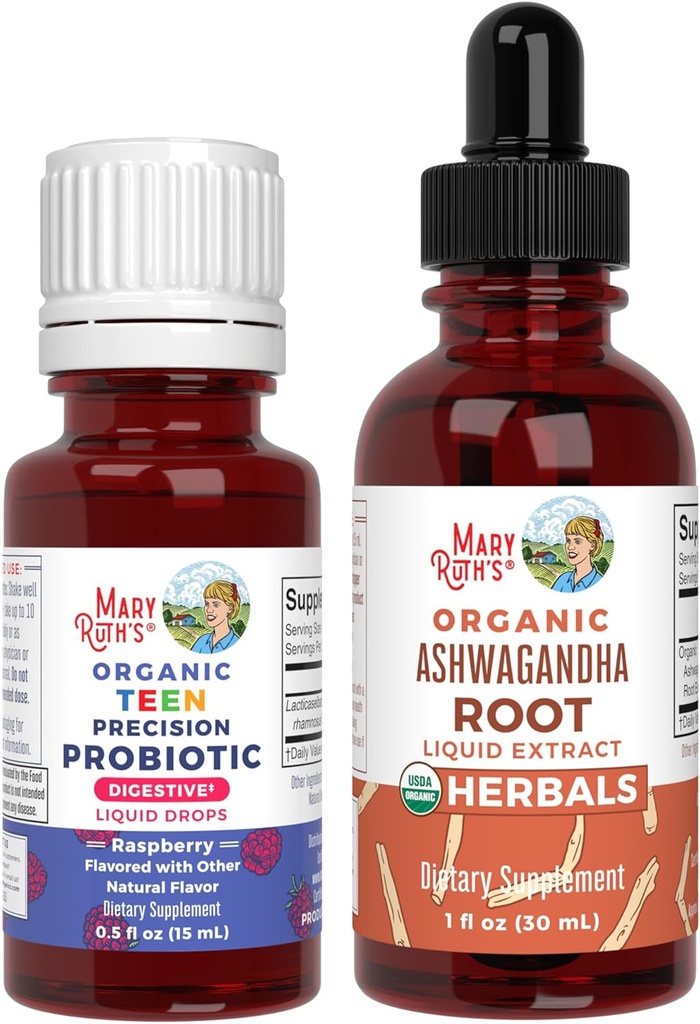MaryRuth Organics Precision Probiotiske Drops For Tenåringer (Raspberry) & Ashwagandha Drops | USDA Organic | Vitaminer for Gut Helse, Relaxation, & Overordnet velvære | Vegansk, Ikke-GMO, Glutenfri