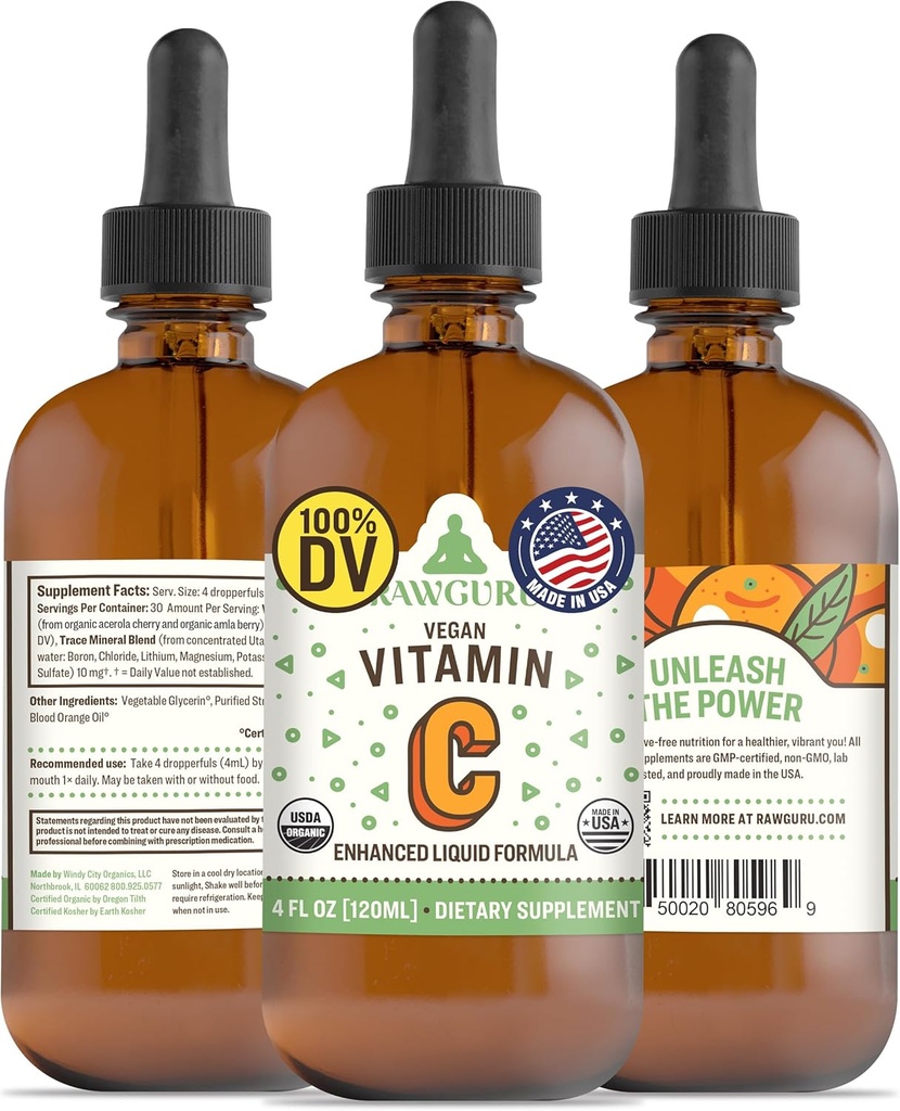 RawGuru organisk vitamin C-tinktur - flytende vitamin C med spormineraler - Nano-processed Antioksidant og immunstøtte Supplement Tinktur - 30 serveringer av vegansk dråper per 120 ml, Pakke med 1