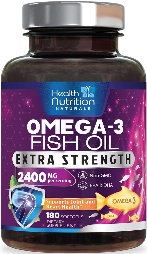 Omega 3 Fiskeolje 2400 mg - Triple Styrke Omega3, EPA & DHA Fatty Acids Supplement - Naturlig støtte for immune, hjerte og hjerne helse - Villt Fanget, Ikke-GMO, Lemon Flavor, Burpless - 180 Softgels