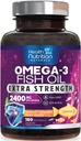 Omega 3 Fiskeolje 2400 mg - Triple Styrke Omega3, EPA & DHA Fatty Acids Supplement - Naturlig støtte for immune, hjerte og hjerne helse - Villt Fanget, Ikke-GMO, Lemon Flavor, Burpless - 180 Softgels