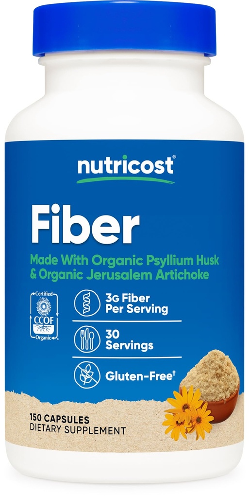 Nutricost Fiber Capsules med Prebiotic Fiber Supplement 150 Kapsler - CCOF Certified Supplement, laget med organisk Psyllium Husk & organisk Jerusalem Artichoke, Glutenfri, 3 G Per Serving