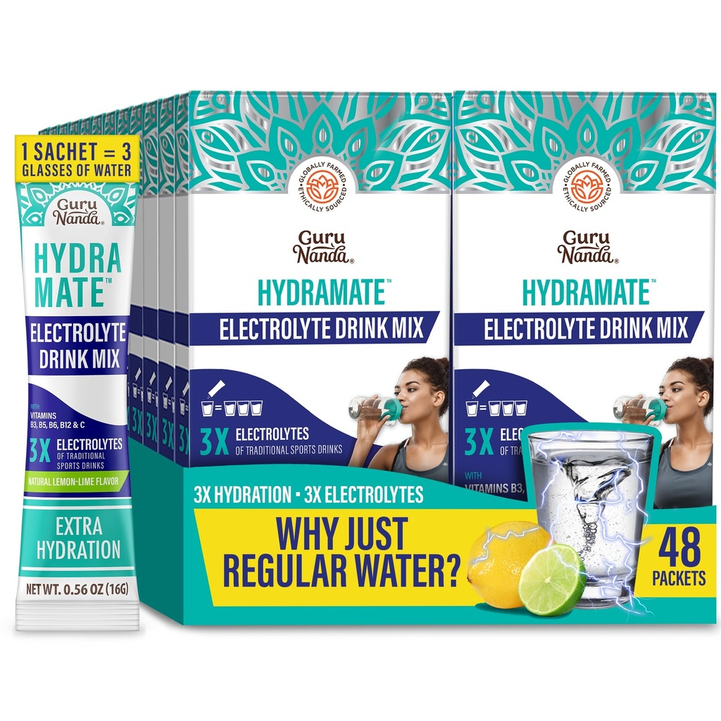 GuruNanda Hydramat Hydration Support Drink Mix - Elektrolytt pulver pakker for dehydrering, øvelse og energi - Ingen tilsatt søtningsmidler, ikke-GMO, Naturlig sitron Lime Flavor - 48 Count (0,56 oz Hver)