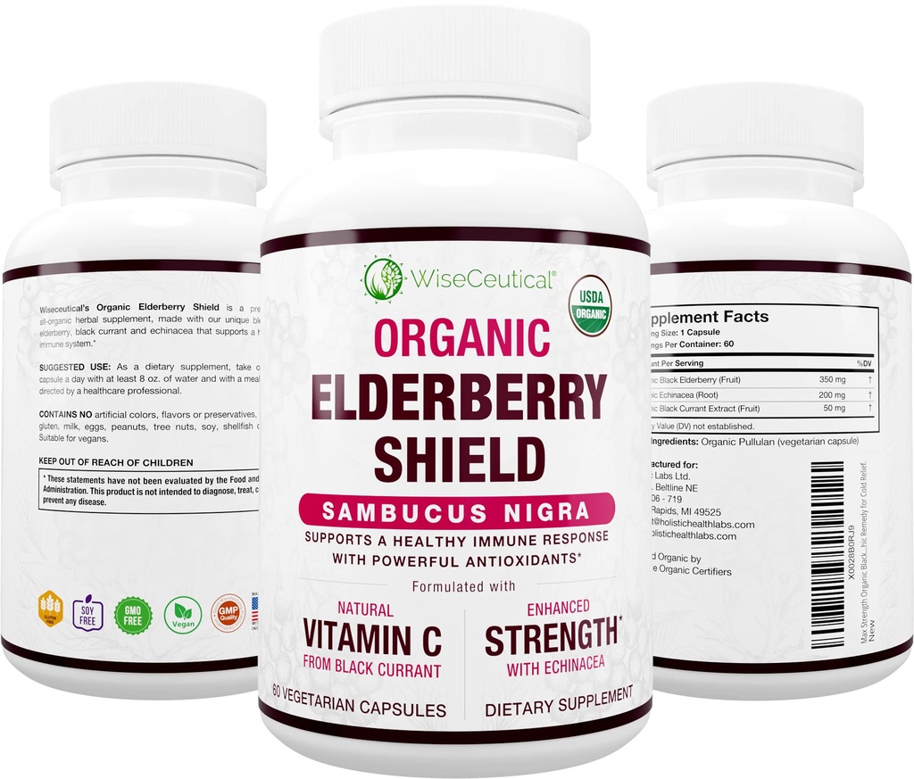Max styrke USDA organisk svart eldrebær, svart currant ekstrakt & Echinacea | 3 i 1 Naturlig immun støtte og vitamin C | sukkerfri, vegansk-vennlig | Homeopatisk remedi | 60 greve