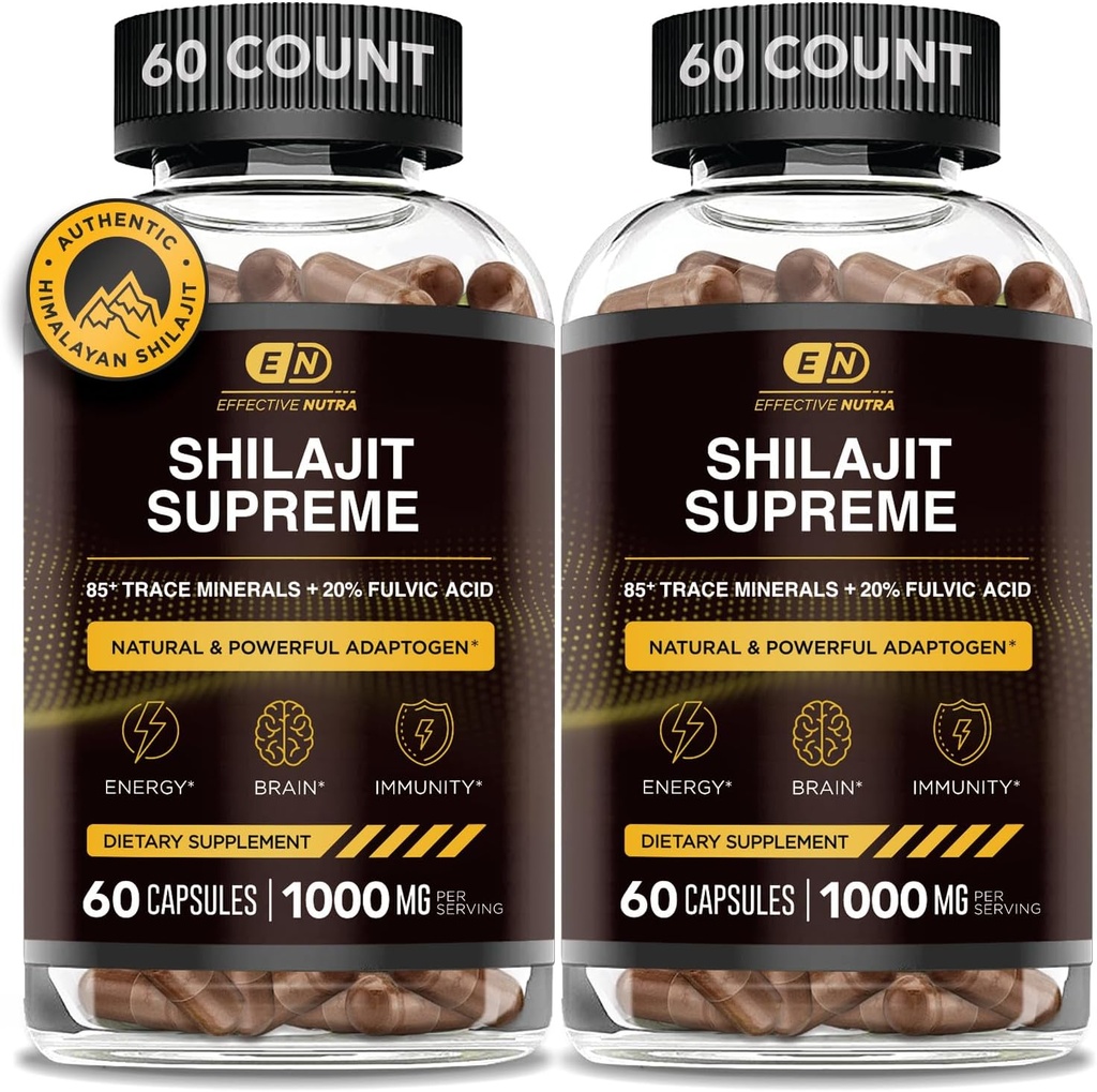 EFFECTIVE NUTRA ren Shilajit kapsler for menn og kvinner - ren Himalayan Shilajit for menn og kvinner - høy i spormineraler og fulvsyre - 10000mg autentisk Shilajit ekstrakt per servering (120 greve)