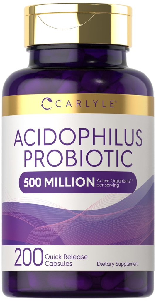 Carlyle Acidophilus Probiotiske kapsler for kvinner og menn | 500 millioner CFU | 200 piller | Lactobacillus Supplement | Ikke-GMO og Glutenfri