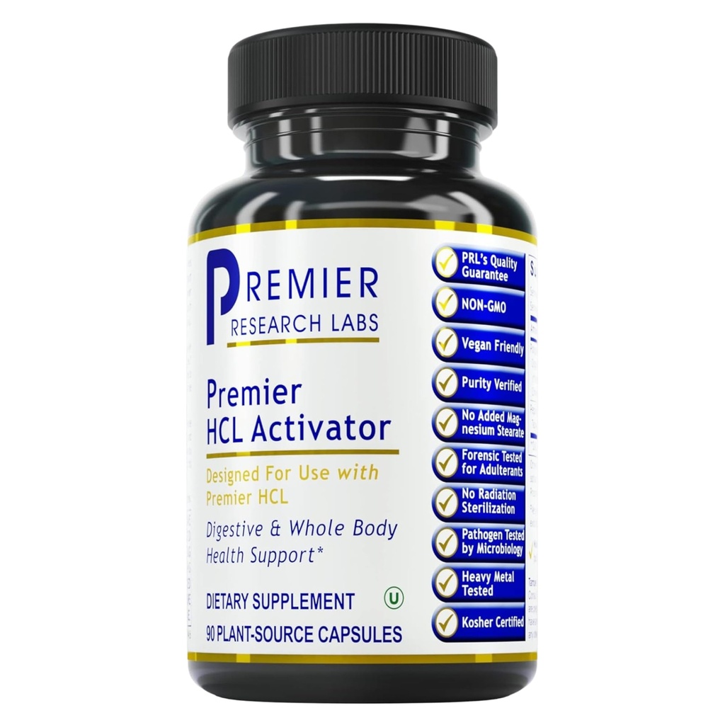 Premier Research Labs Premier HCL aktivator - Pepsin Digestive Enzymer Supplement for optimal digestiv funksjon for menn og kvinner, lav magesyre, næringsstoffer absorpsjon - 90 vegetariske kapsler