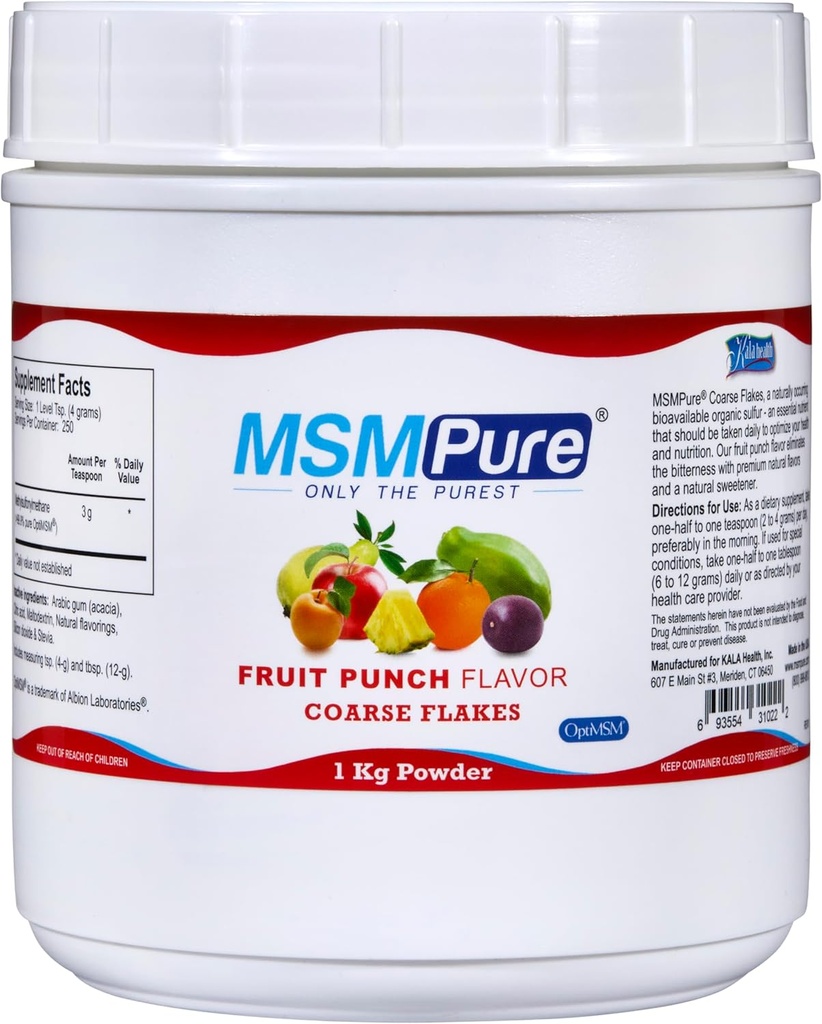 KALA Helse MSMPure Fruit Punch Flavored Coarse MSM Powder Flakes - US-Made MSM for felles helse, hud utseende og hår & negle støtte – 2.2 lb, organisk svovel