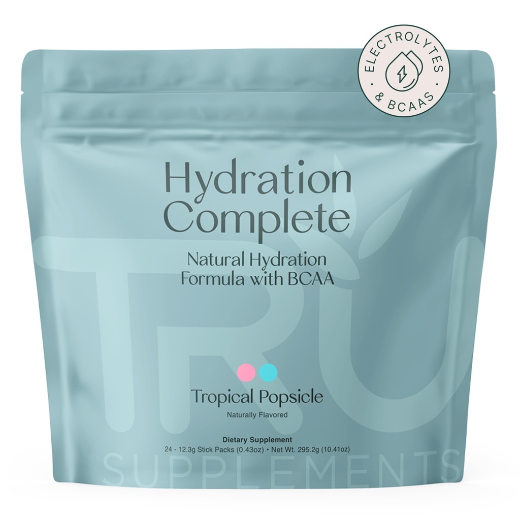 TRU Kosttilskudd Hydration Komplett BCAA, Plant Basert Aminosyrer + Pink Himalayan Salt, Electrolytes & L-karnitin, Vegansk, Null kalorier, Ingen kunstige søtningsstoffer, 24 serveringer, Tropisk popsikkel