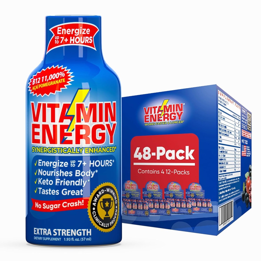 Vitamin energi B12 11 000% Ekstra styrke Energi Shot Açaí Pomegranate 48 Pack, 260mg naturlig koffein, B12 & B6, Nootropisk fokus, Vitalitet, Null sukker, Glutenfri, Vegan, Kosher, 1.93 fl oz