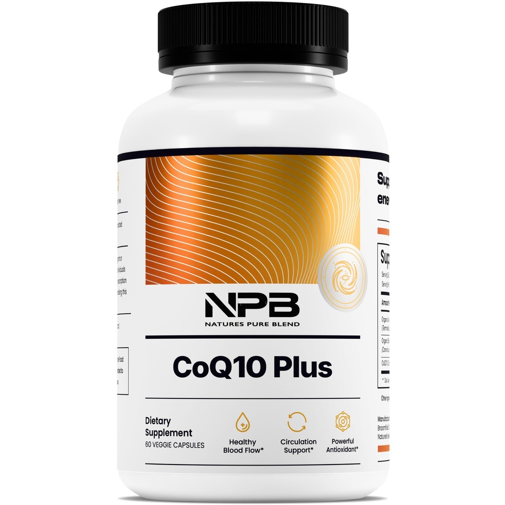 Naturens ren blanding CoQ10 Plus – Antioksidant formel med Arjuna & Shankhpushpi – CoQ10 Ubiquinol for sirkulasjon, blodflyt og energi – Coenzym Q10 Supplement for immunsystem – 60 Kapsler