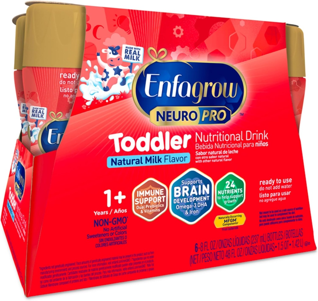 Enfagrow NeuroPro Todler Ernæringsdrink, laget med ekte melk, Brain-building Omega-3 DHA, Næringsstoffer og prebiotika for vekst og immunstøtte, ikke-GMO, Todler Melkepulver, 8 Fl Oz, 6 greve