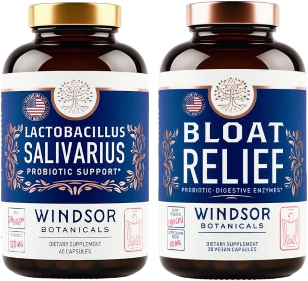 WINDSOR BOTANICALS Bloat Relief og Lactobacillus Salivarius Probiotiske kapsler - Oral og IBS Støtte Bundle