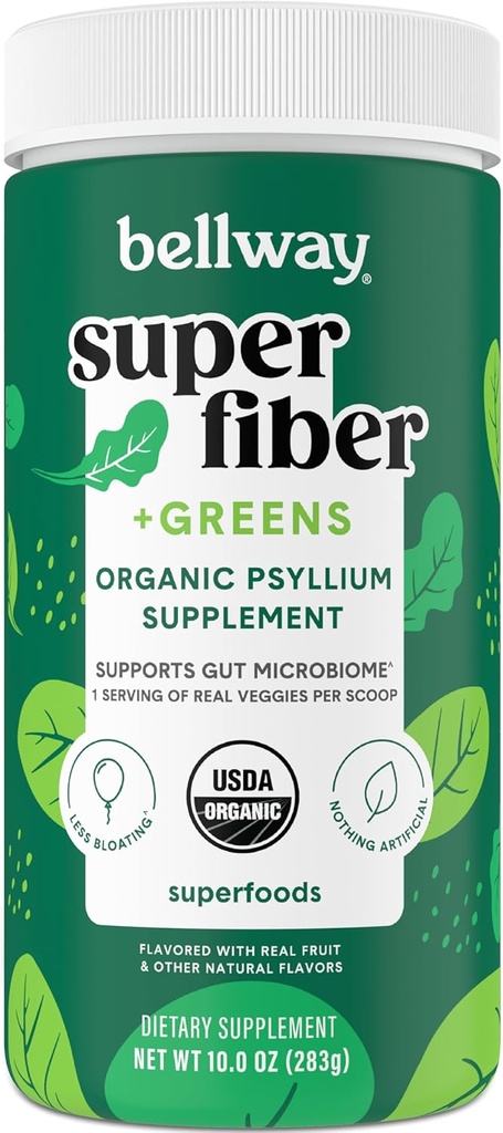 Bellway Super Fiber + Grønn pulver, sukkerfri Psyllium Husk Fiber Supplement pulver med Super Greens (30 Serveringer)