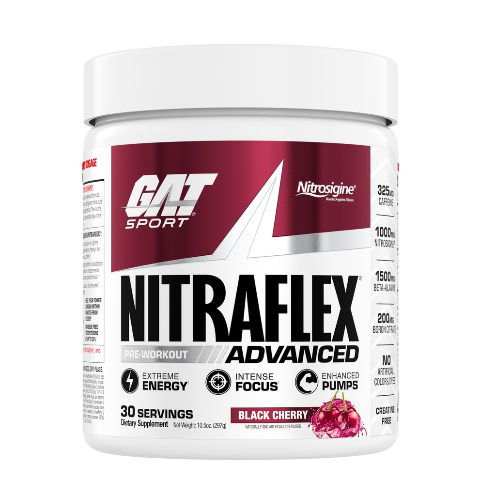 GAT SPORT Nitraflex Avansert pre-workout pulver, øker blodstrøm, øker styrke og energi, forbedrer øvelsesytelse (svart Cherry, 30 serveringer)