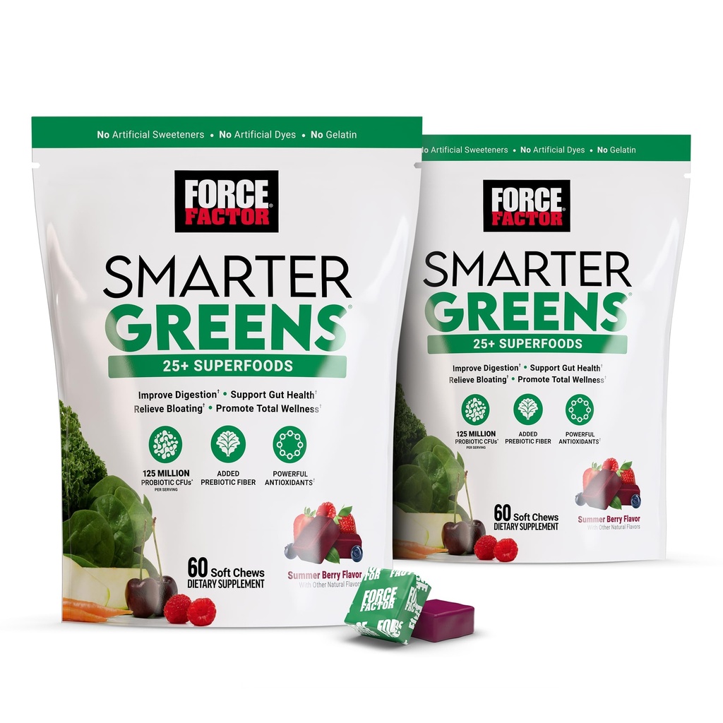 FORCE FACTOR Smartere Grønne Superfood Chews, 2-Pack, Grønn og Superfoods med probiotika, antioksidanter og fiber, Grønn Supplement for å støtte Digestion, Nitric Oxid og Energi, 120 Myke Chews