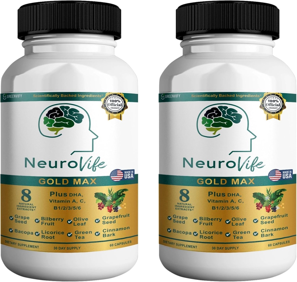 NeuroVife Gold Max Brain Support Supplement | 8 naturlige ekstrakter med DHA, vitaminer A, C, B kompleks | 60 Veggie kapsler | laget i USA (2)