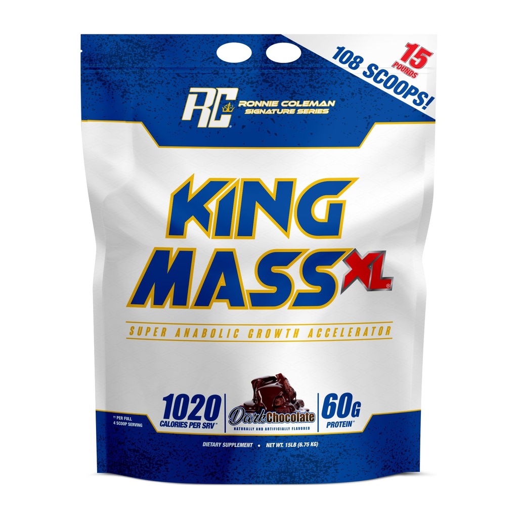 Ronnie Coleman Signature Series King Mass XL Mass Gainer Protein pulver, Muskel Gainer, 60g Protein, 180g Karbohydrater, 1000+ Kalorier, Kreatin og Glutamin, Mørk sjokolade, 15 pund