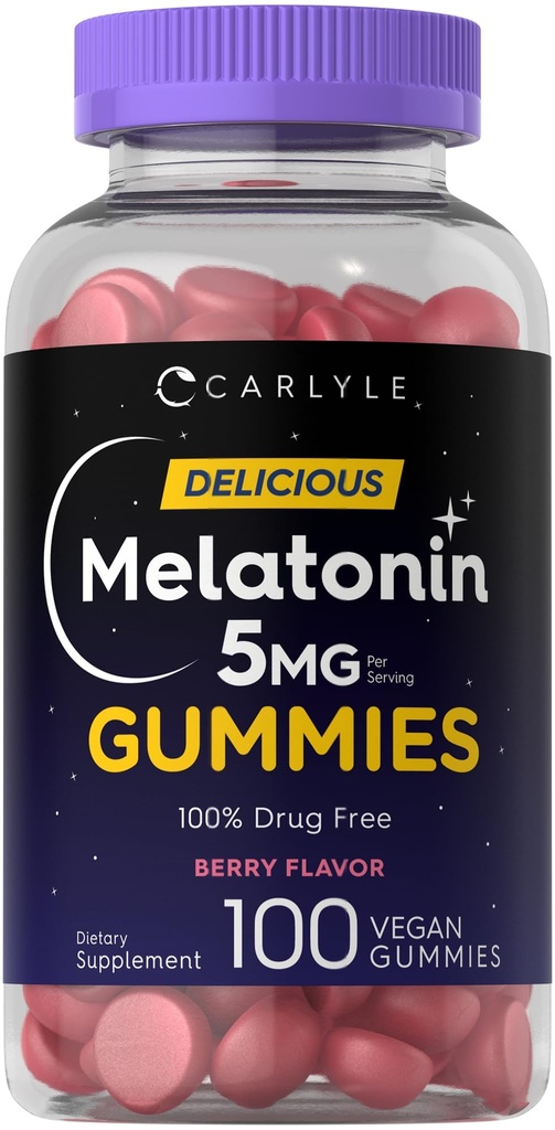 Carlyle Melatonin 5mg Gummies | 100 greve | Berry Flavor | 100% Drug Free | Ikke-GMO, Glutenfri Supplement