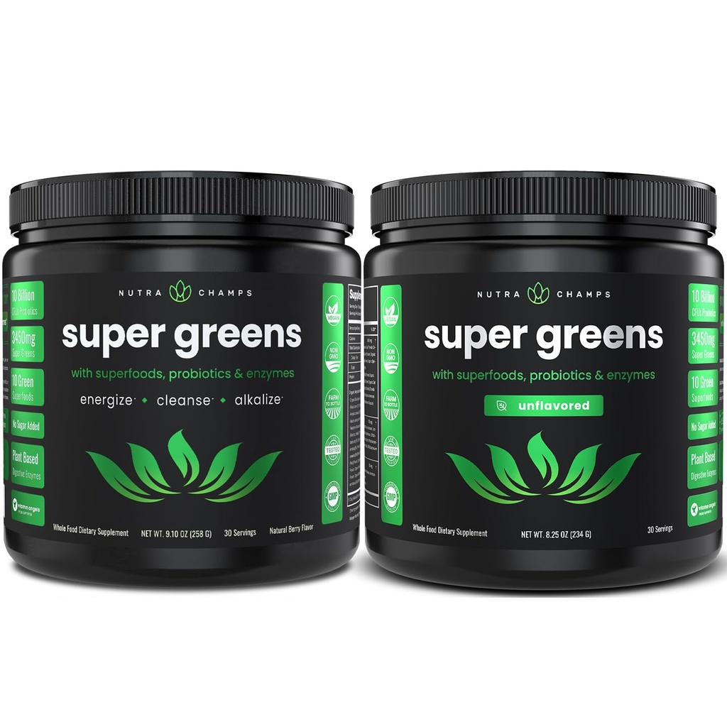 NutraChamps Super Greens Berry & Super Greens Unflavored Bundle - 2 måneders forsyning