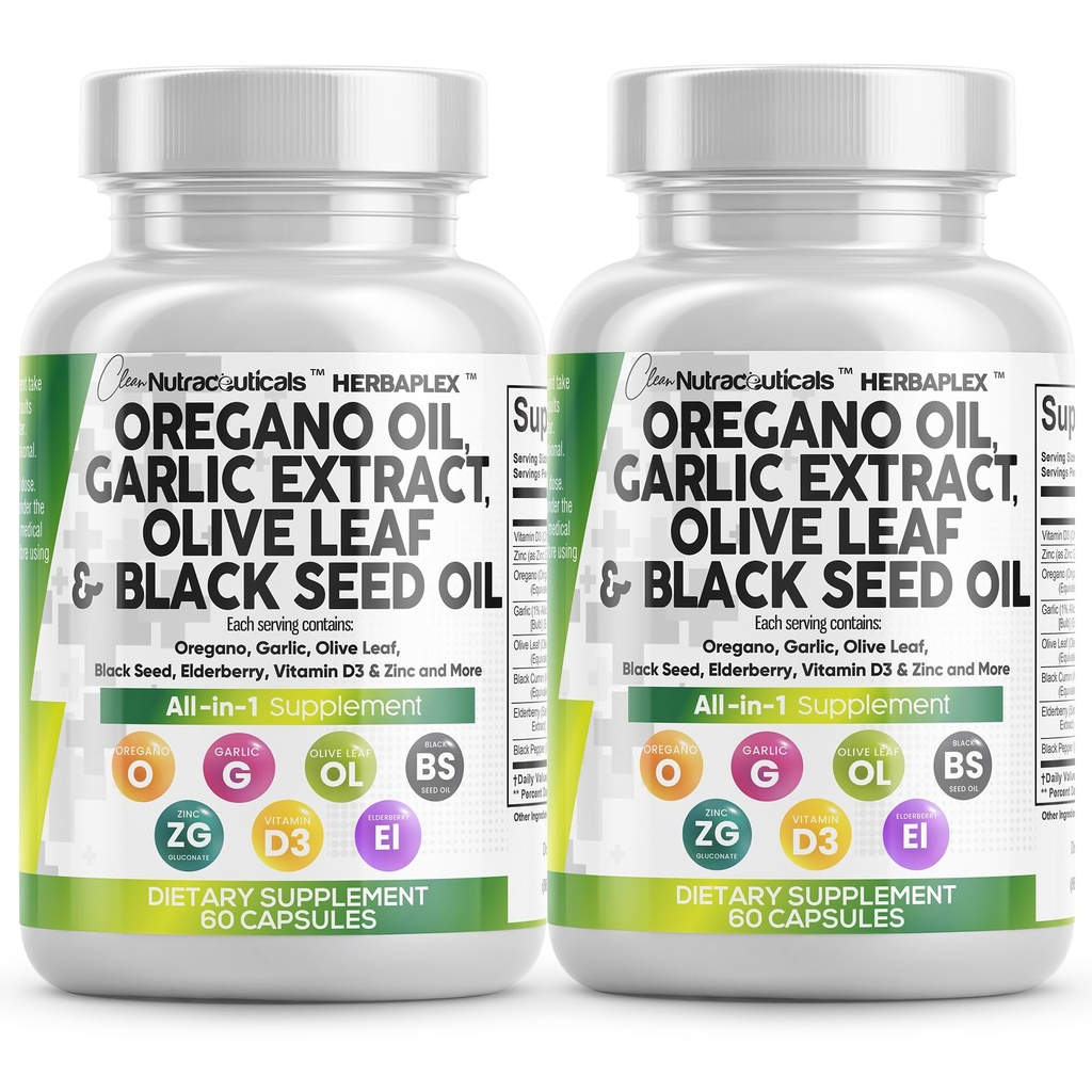 Clean Nutraceuticals Oregano olje hvitløk ekstrakt Olive Leaf Black Seed Oil - Immun støtte og Digestiv helse Supplement for kvinner og menn med vitamin D3 & Zink - 2Pack