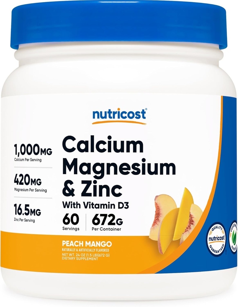 Nutricost Kalsium Magnesium Sink med vitamin D3 pulver, 60 serveringer (Peach Mango) - Kalsium (1000 MG) Magnesium (420 MG) Sink (16,5 MG) Vitamin D3 (30 MCG) - Glutenfri, ikke-GMO
