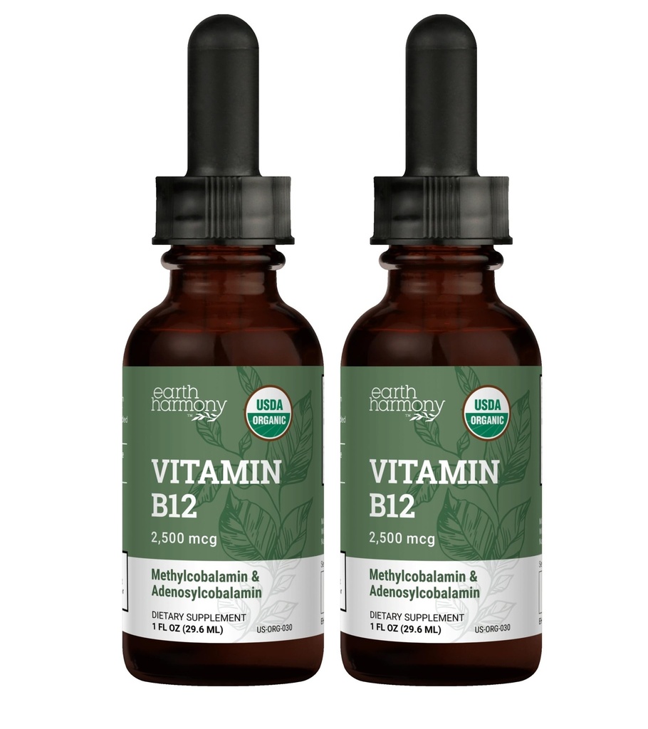 USDA Økologisk vitamin B12 2000mcg Sublingual Liquid Supplement (2-Pack) - Vegansk Methylcobalamin Drops for naturlig energi, vedlikehold metabolisme og immunsystemstøtte - 1 Fl Oz