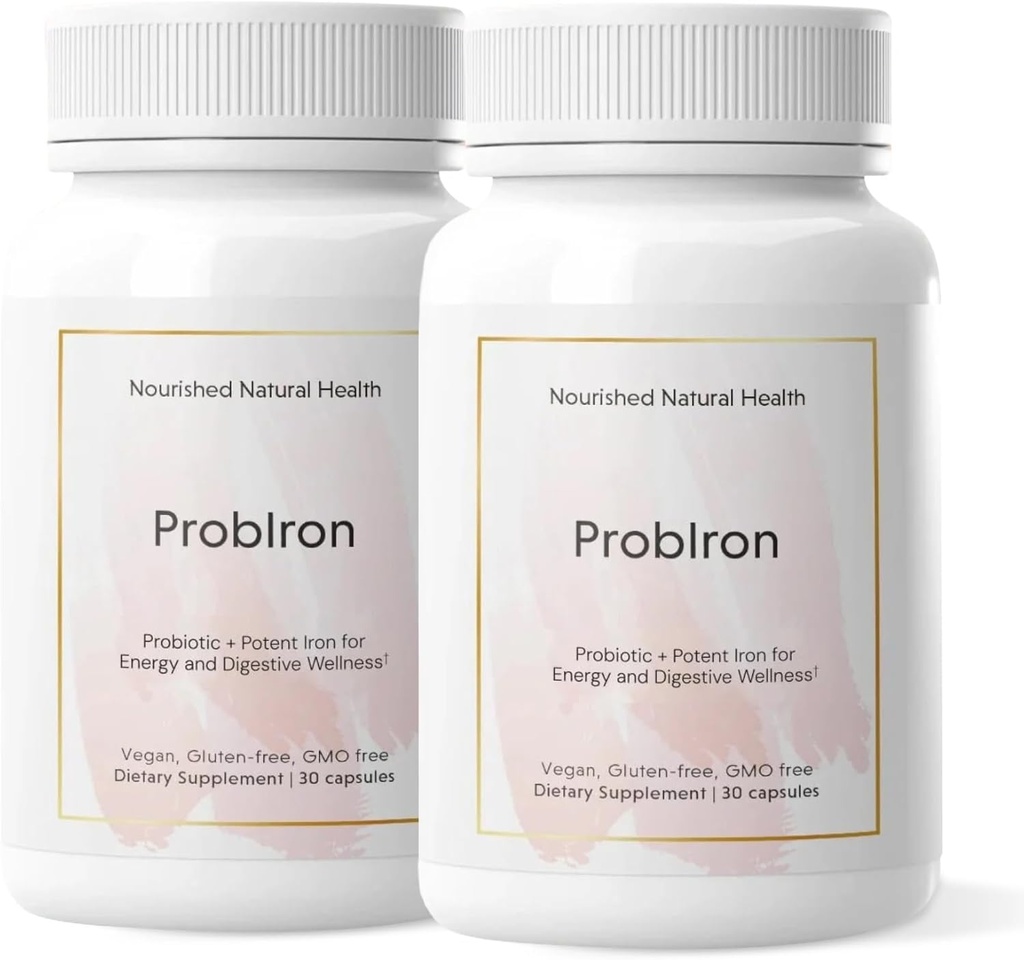 Nourished Natural Health ProbIron - Kvinners Probiotic + Jern Supplement Boosted med vitamin C og kobber - Vegansk formel for energi og digestiv velvære - 60 kapsler
