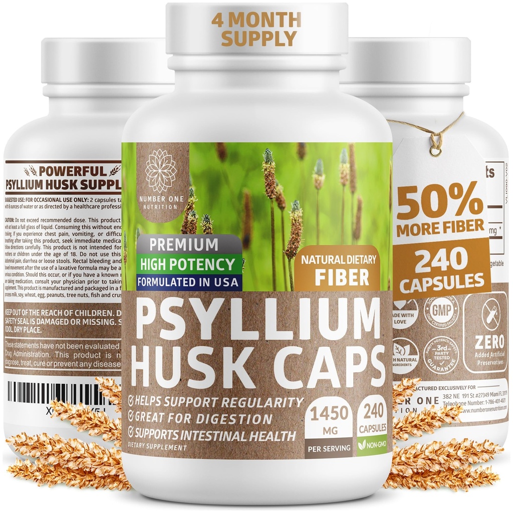 N1N Premium Psyllium Husk Capsules [Alle naturlige,1450 MG] Kraftig løselig fiber Supplement for å støtte regelmessighet og digestiv helse, 240 Caps