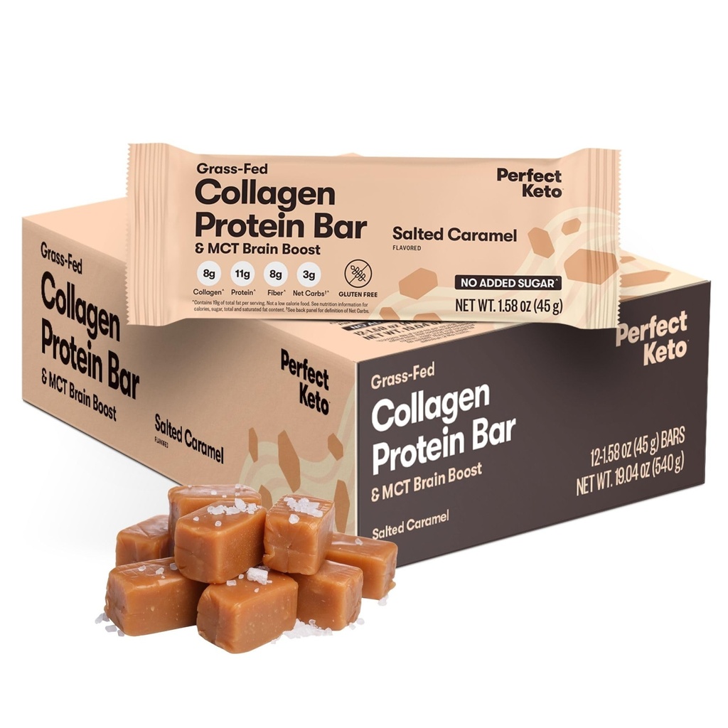 Perfekte ketobarer - de reneste ketosnackene med kollagen og MCT. Ingen tilsatt sukker, keto diett vennlig - 3g netto karbohydrater, 19g fett,11g protein - kosthold mat Dessert (saltet karamell, 12 barer)