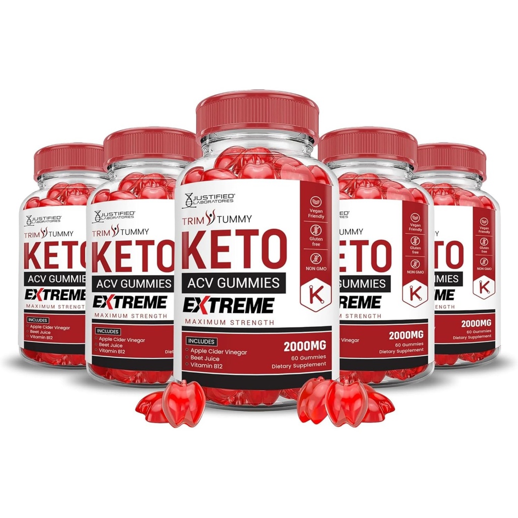 Begrunnede Laboratories (5 Pack Trim Tummy Keto ACV Gummies Extreme 2000MG Trim Tummy Keto Gummies Apple Cider Vinegar Formulert med Pomegranate Beet Juice Powder B12 Vegansk Ikke GMO 300 Gummys
