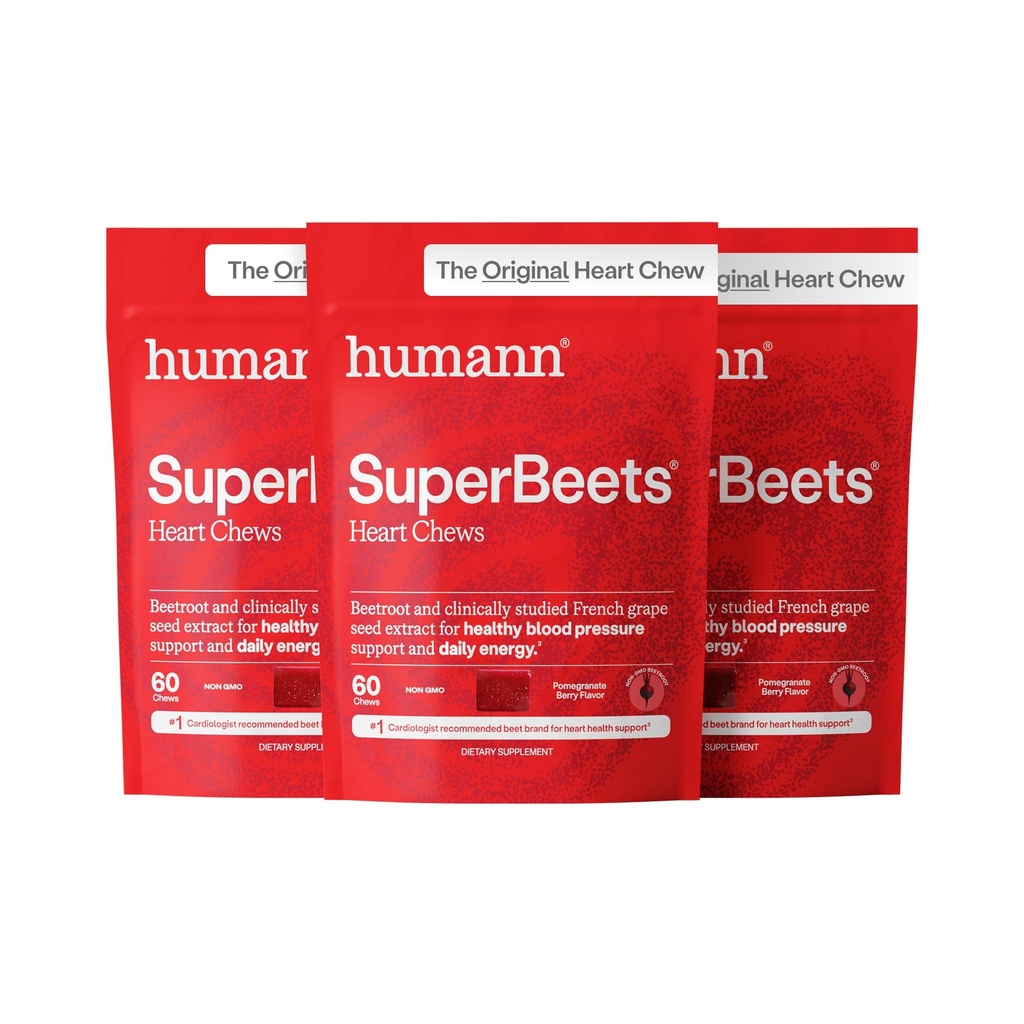 HumanN SuperBeets hjerte Chews, nitric oksid og blodtrykksstøtte, Grape frø ekstrakt & ikke-GMO beet rot pulver energi, Pomegranate Berry Flavor, 180 count