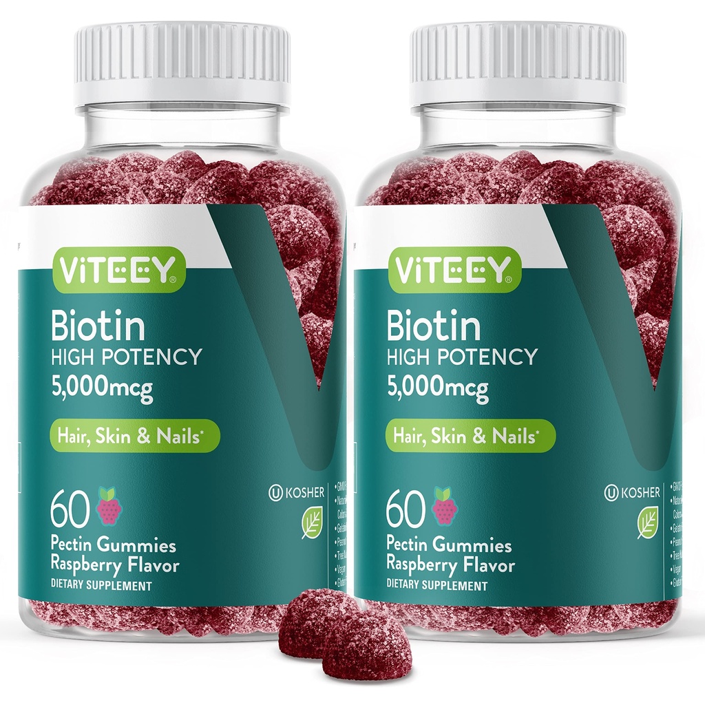 VITEEY Biotin Gummier for hår hud og negler - Biotin for hårvekst Gummier - 5000 mg - Vegan, Glutenfri, Ikke-GMO – 120 count