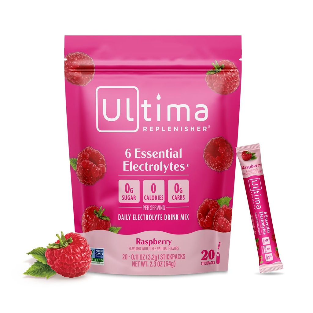 Ultima Replenisher Daglig Electrolyte pulverdrikk blanding – sukkerfri – bringebær, 20 Stickpacks – Hydration Packets med 6 nøkkel elektrolytter og spormineraler – ketovennlig, vegansk, ikke-GMO