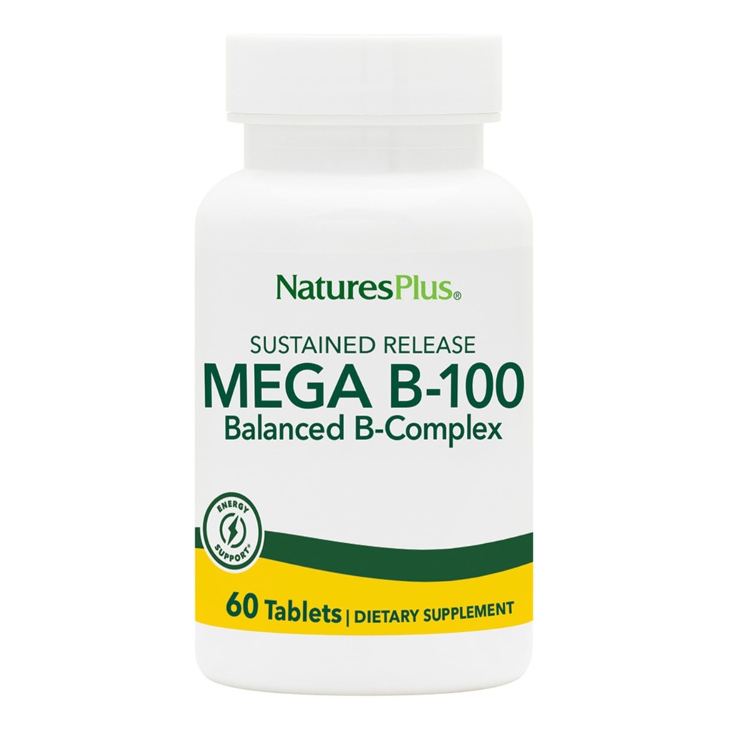 NaturesPlus Mega B-100 Complex - 60 uforutsette releasetabletter - balansert B kompleks - energistøtte - vegetarisk, Glutenfri - 60 Services