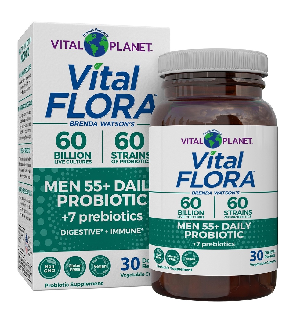 Vital Planet - Vital Flora menn 55+ Daily Probiotic, 60 milliarder CFU, 60 diverse strimler, 7 organiske prebiotika, immunstøtte, gass relief, kolon og digestive helseprobiotika for menn 30 kapsler