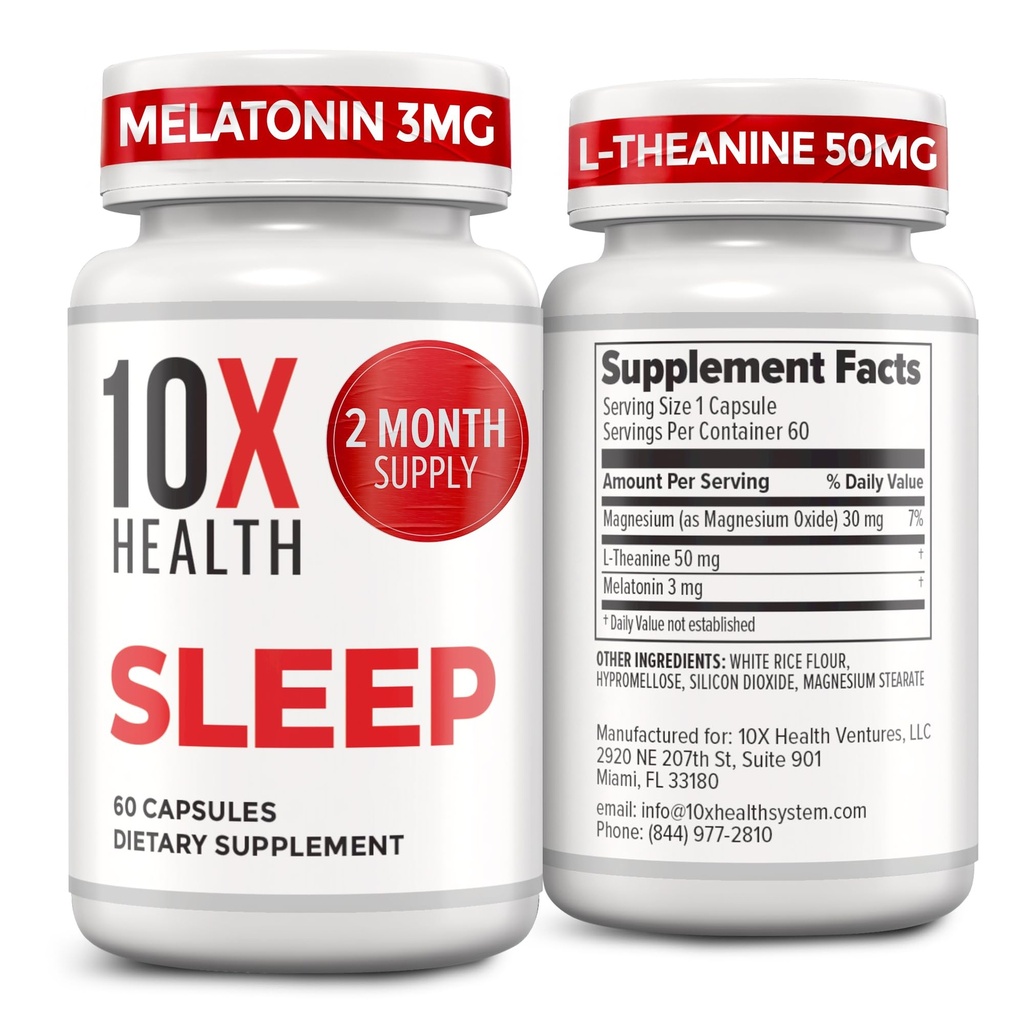 10X Helse søvntilskudd for voksne - 60 kapsler - Melatonin 3 mg, L teanin, magnesiumtilskudd, magnesiumoksid for dyp, bedre hvile og avslapping - 3-i-1 naturlig søvn støtte