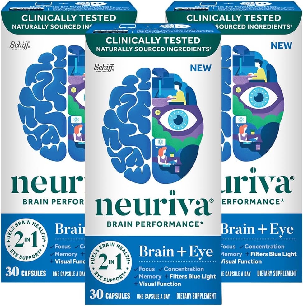 NEURIVA Brain + Eye Supplement for minne, fokus og konsentrasjon med klinisk testet lutein og Zeaxanthin, vitaminer A C & E + sink for øye helse og filter Blått lys 30 Count Capsules (3 Pack)