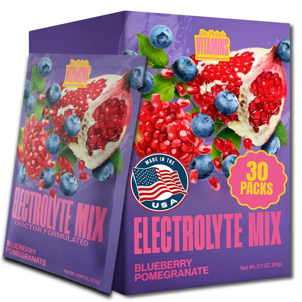 Dr. Pris vitaminer Electrolyte Mix Supplement pulver, 72 spor Mineraler, Kalium, Natrium, Electrolyte Replacement Keto Drink Blåbær-Pomegranate 30 Pakninger Ingen sukker, Keto, Vegan, Ikke-GMO