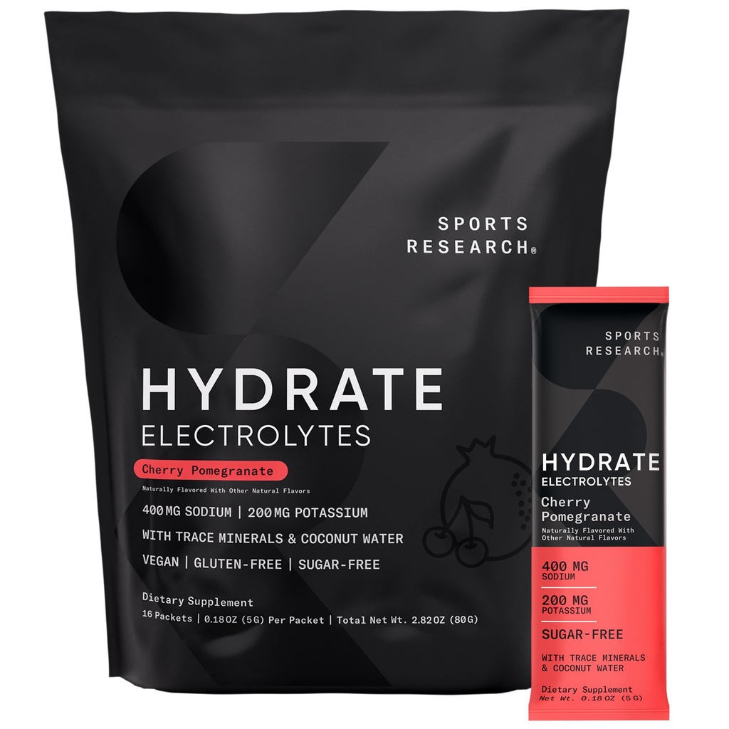 Idrettsforskning Hydrate Electrolytes Powder Packets - Sukker-fri og naturlig flavorert med vitaminer, mineraler og kokosvann - støtter Hydration - 16 pakker - Cherry Pomegranate