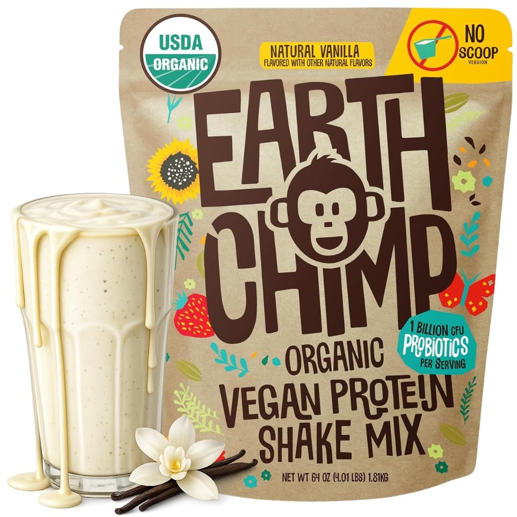 EarthChimp Organic Vegansk Protein pulver - med probiotika - ikke GMO, Dairy Free, Ikke Whey, Plant Basert Protein pulver for kvinner og menn, Glutenfri - 52 Serveringer 64 Oz (Vanilla) Ingen Scoop