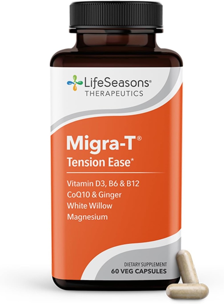 LifeSeasons Migra-T med Relieve-R PM - Migraine Forebygging & Relief Supplement - Støtter alvorlig hodepine - Reduserer lys lyd & Odor sensitivitet - Feverfew, hvit Willow, Magnesium Ginger & CoQ10