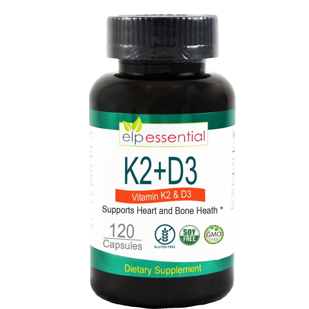 ELP ESSENTIAL Vitamin K2 med D3 Supplement Bone and Heart Helse,Kapsules K2 + D3 Vitaminer 120 Kapsler