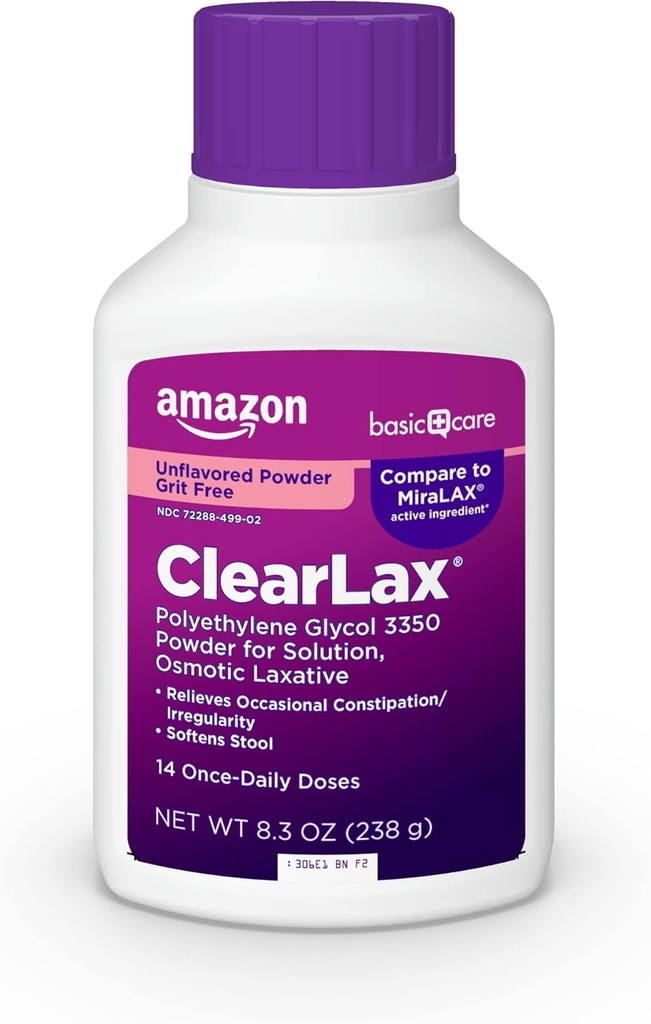 Grunnleggende Care ClearLax, Polyetylenglykol 3350 pulver for løsning, osmotisk laxativ, ikke-flavorert, 8,3 ounce (pakke med 1)